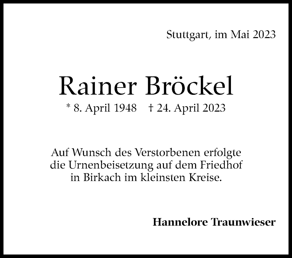  Traueranzeige für Rainer Bröckel vom 20.05.2023 aus Stuttgarter Zeitung / Stuttgarter Nachrichten