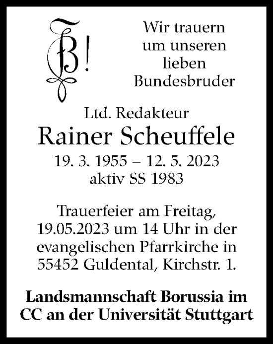Traueranzeige von Rainer Scheuffele von Stuttgarter Zeitung / Stuttgarter Nachrichten