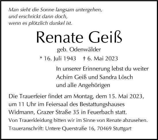 Traueranzeige von Renate Geiß von Stuttgarter Zeitung / Stuttgarter Nachrichten
