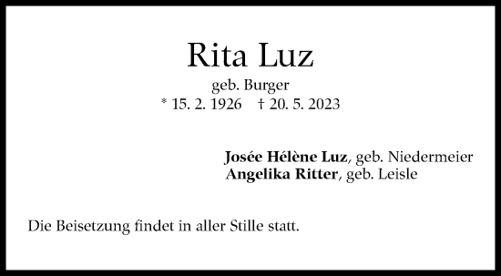 Traueranzeige von Rita Luz von Stuttgarter Zeitung / Stuttgarter Nachrichten