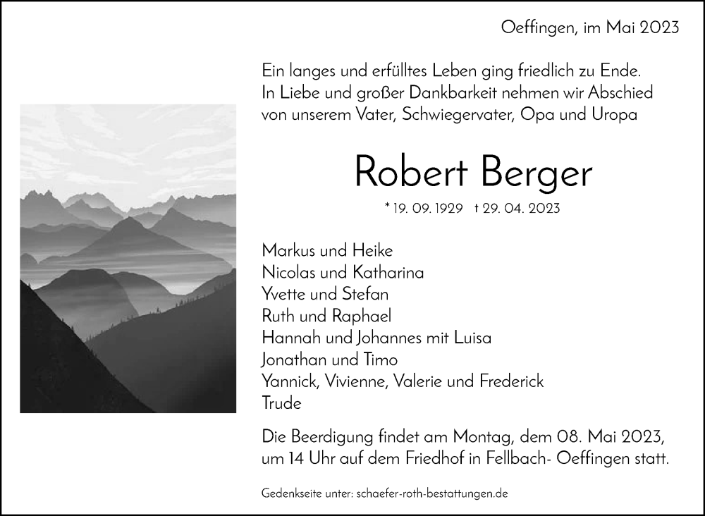  Traueranzeige für Robert Berger vom 04.05.2023 aus Stuttgarter Zeitung / Stuttgarter Nachrichten