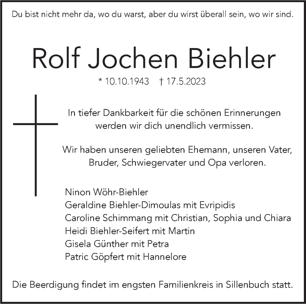  Traueranzeige für Rolf Jochen Biehler vom 24.05.2023 aus Stuttgarter Zeitung / Stuttgarter Nachrichten