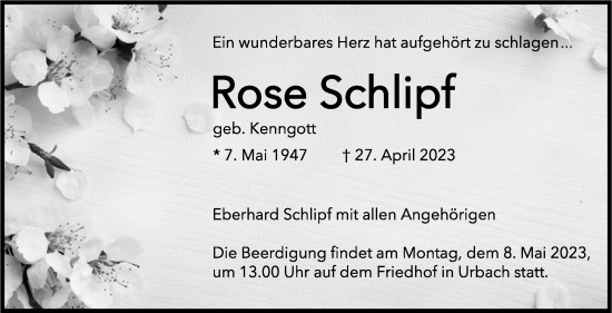 Traueranzeige von Rose Schlipf von Stuttgarter Zeitung / Stuttgarter Nachrichten