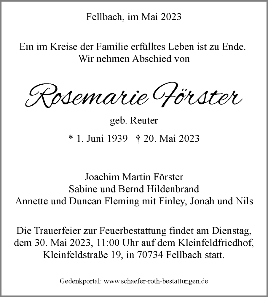  Traueranzeige für Rosemarie Förster vom 26.05.2023 aus Stuttgarter Zeitung / Stuttgarter Nachrichten