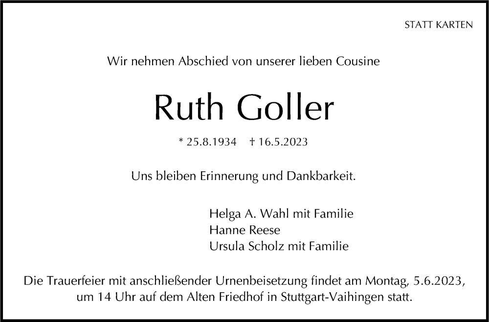  Traueranzeige für Ruth Goller vom 27.05.2023 aus Stuttgarter Zeitung / Stuttgarter Nachrichten