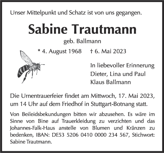 Traueranzeige von Sabine Trautmann von Stuttgarter Zeitung / Stuttgarter Nachrichten