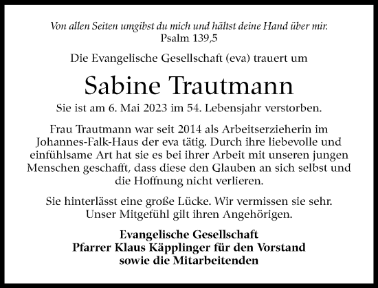 Traueranzeige von Sabine Trautmann von Stuttgarter Zeitung / Stuttgarter Nachrichten