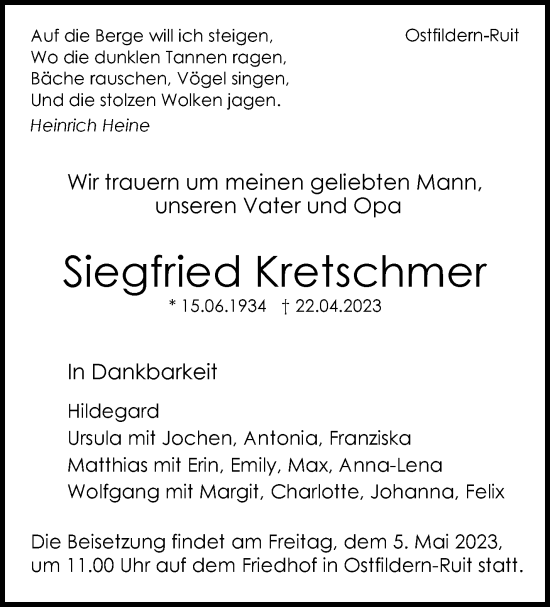 Traueranzeige von Siegfried Kretschmer von Stuttgarter Zeitung / Stuttgarter Nachrichten