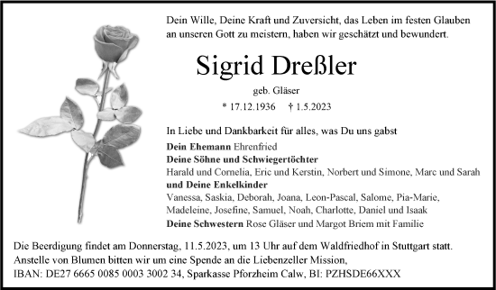Traueranzeige von Sigrid Dreßler von Stuttgarter Zeitung / Stuttgarter Nachrichten