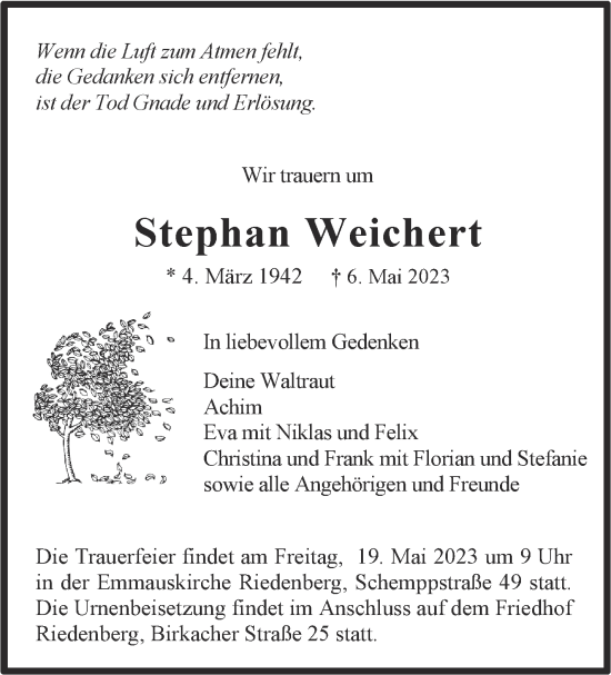 Traueranzeige von Stephan Weichert von Stuttgarter Zeitung / Stuttgarter Nachrichten