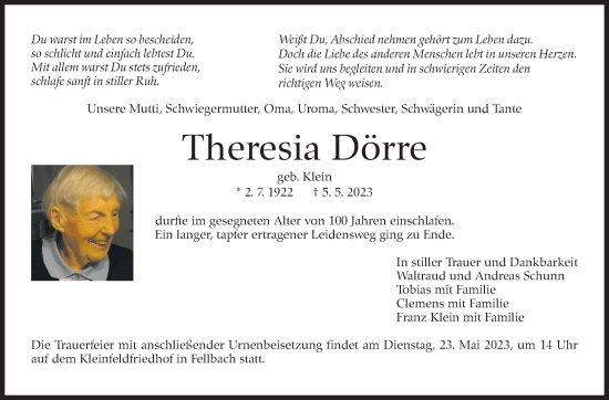 Traueranzeige von Theresia Dörre von Stuttgarter Zeitung / Stuttgarter Nachrichten
