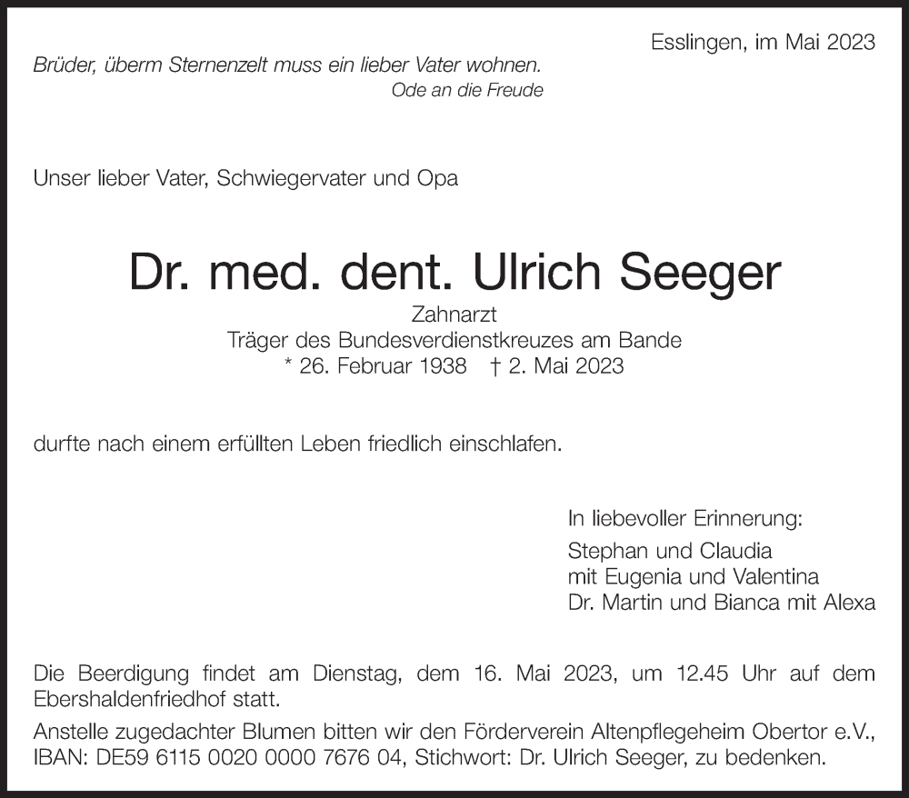  Traueranzeige für Ulrich Seeger vom 06.05.2023 aus Stuttgarter Zeitung / Stuttgarter Nachrichten