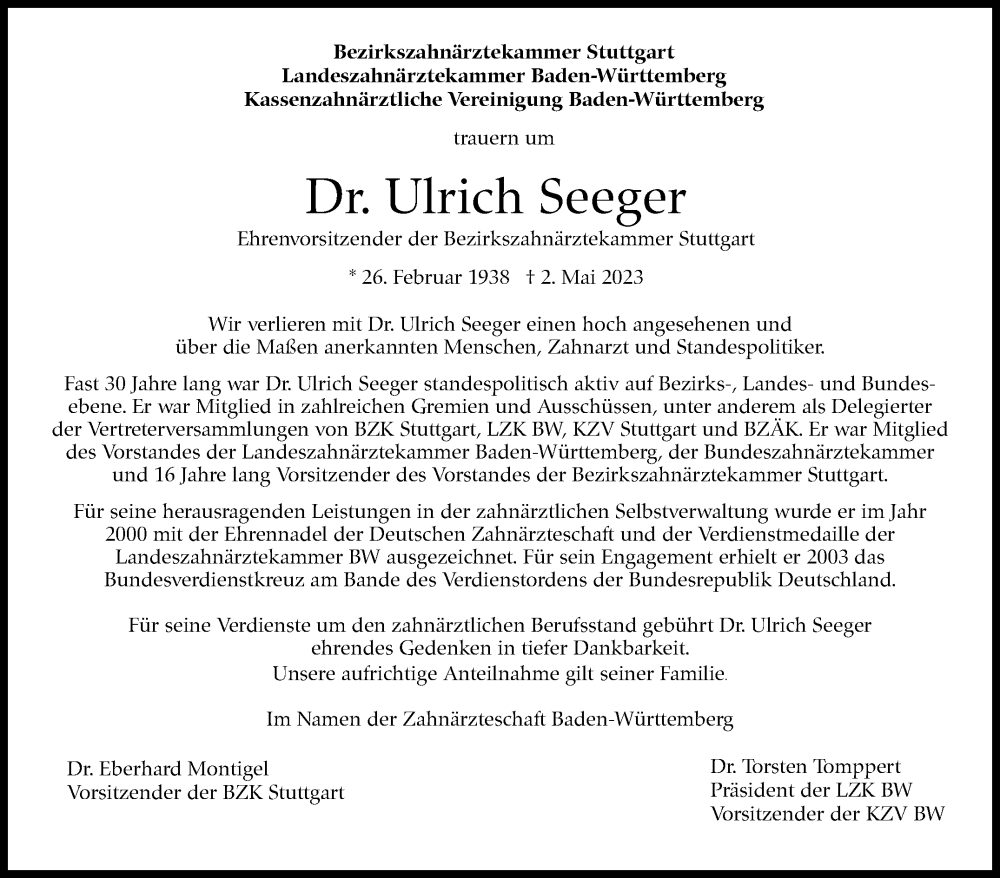  Traueranzeige für Ulrich Seeger vom 12.05.2023 aus Stuttgarter Zeitung / Stuttgarter Nachrichten