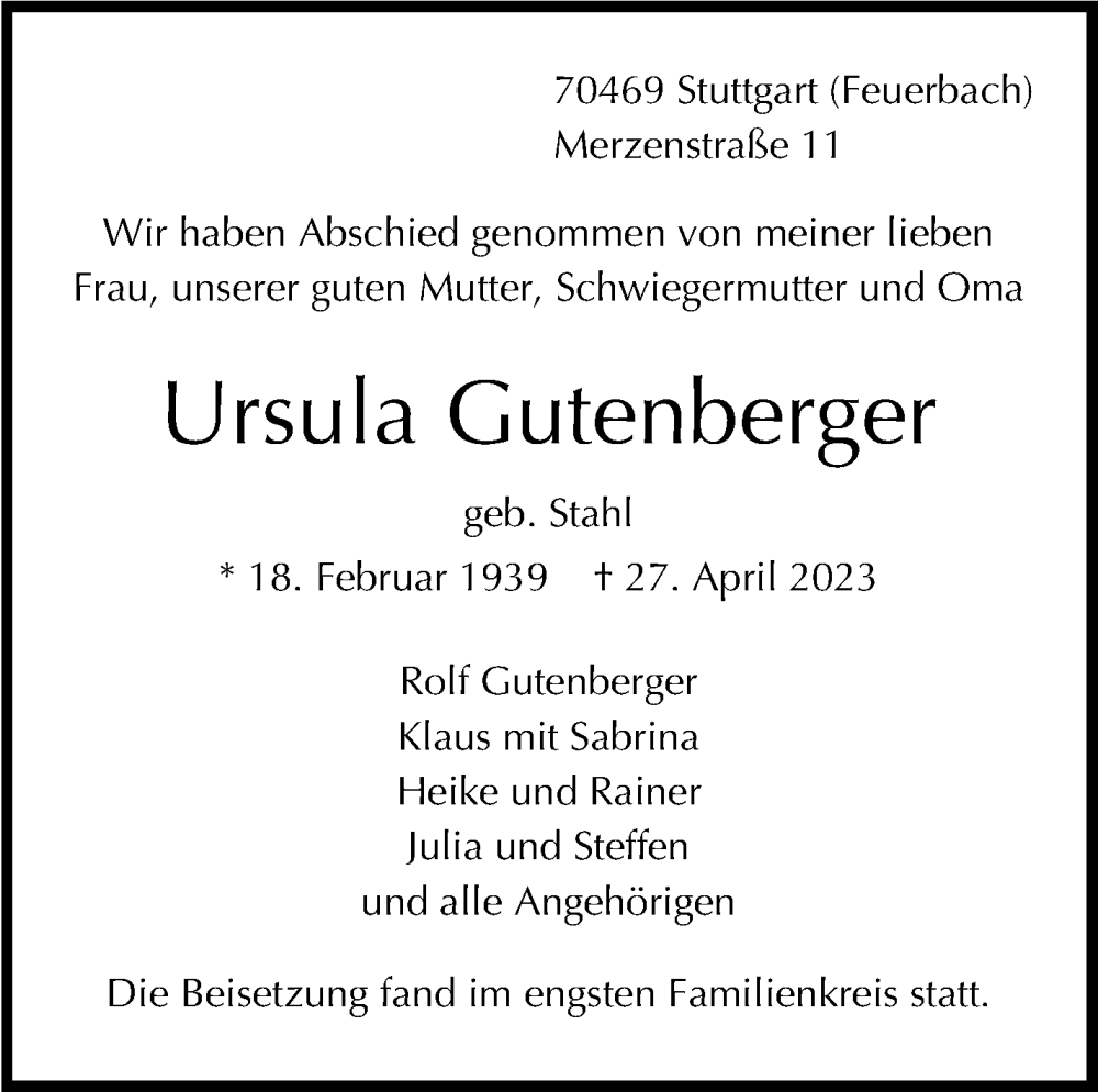  Traueranzeige für Ursula Gutenberger vom 27.05.2023 aus Stuttgarter Zeitung / Stuttgarter Nachrichten