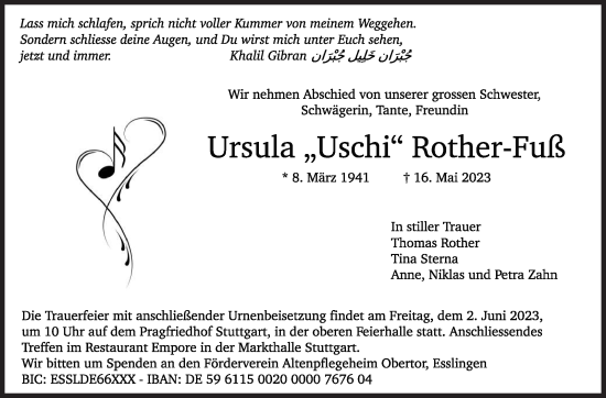 Traueranzeige von Ursula Rother-Fuß von Stuttgarter Zeitung / Stuttgarter Nachrichten