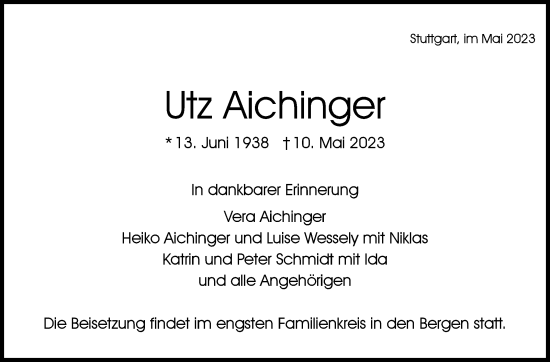 Traueranzeige von Utz Aichinger von Stuttgarter Zeitung / Stuttgarter Nachrichten