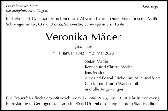 Traueranzeige von Veronika Mäder von Stuttgarter Zeitung / Stuttgarter Nachrichten