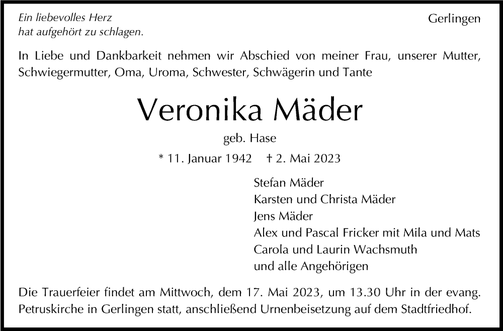  Traueranzeige für Veronika Mäder vom 10.05.2023 aus Stuttgarter Zeitung / Stuttgarter Nachrichten