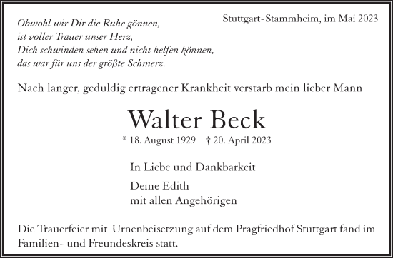 Traueranzeige von Walter Beck von Stuttgarter Zeitung / Stuttgarter Nachrichten