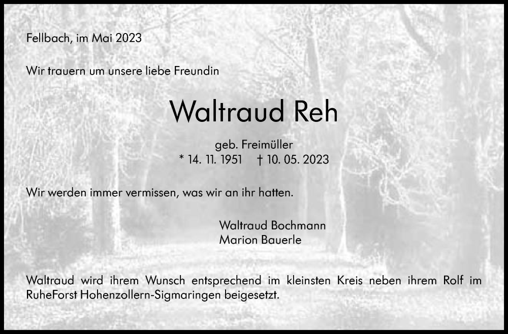  Traueranzeige für Waltraud Reh vom 19.05.2023 aus Stuttgarter Zeitung / Stuttgarter Nachrichten