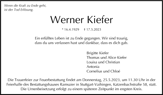 Traueranzeige von Werner Kiefer von Stuttgarter Zeitung / Stuttgarter Nachrichten