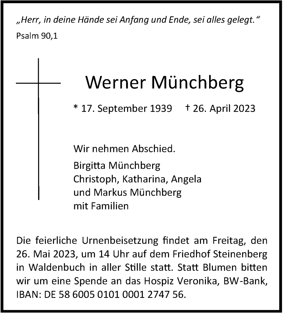  Traueranzeige für Werner Münchberg vom 20.05.2023 aus Stuttgarter Zeitung / Stuttgarter Nachrichten