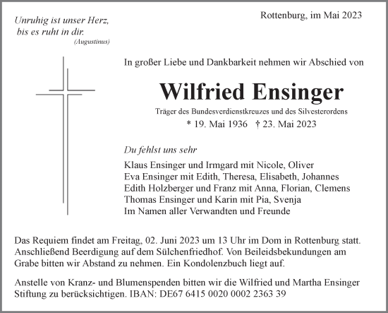 Traueranzeige von Wilfried Ensinger von Stuttgarter Zeitung / Stuttgarter Nachrichten