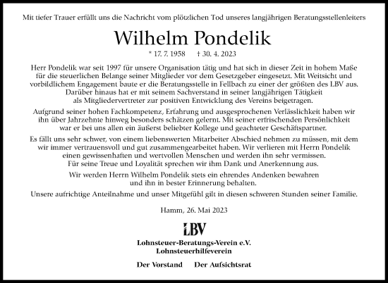 Traueranzeige von Wilhelm Pondelik von Stuttgarter Zeitung / Stuttgarter Nachrichten