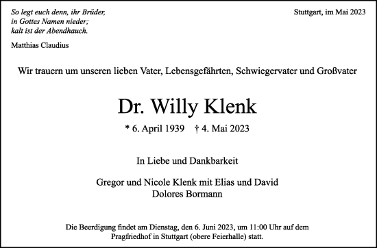 Traueranzeige von Willy Klenk von Stuttgarter Zeitung / Stuttgarter Nachrichten