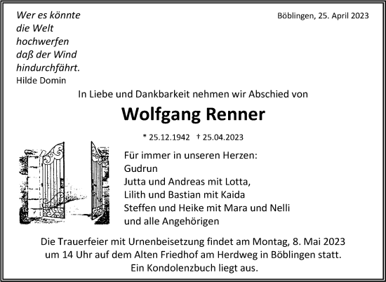Traueranzeige von Wolfgang Renner von Stuttgarter Zeitung / Stuttgarter Nachrichten