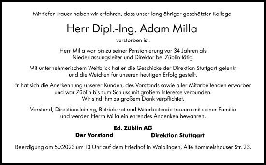 Traueranzeige von Adam Milla von Stuttgarter Zeitung / Stuttgarter Nachrichten