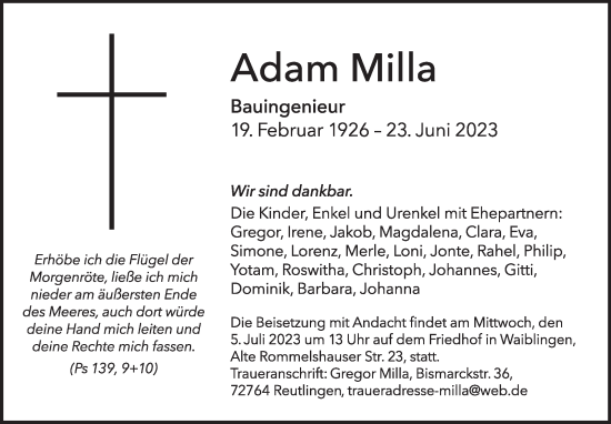 Traueranzeige von Adam Milla von Stuttgarter Zeitung / Stuttgarter Nachrichten