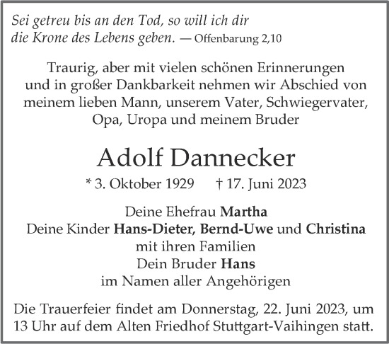 Traueranzeige von Adolf Dannecker von Stuttgarter Zeitung / Stuttgarter Nachrichten