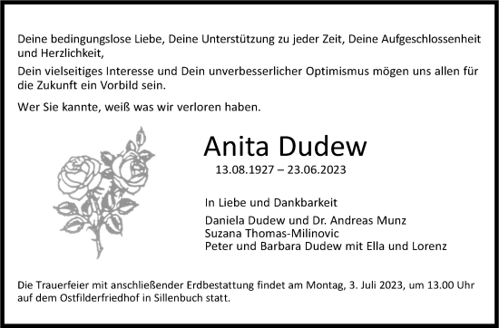 Traueranzeige von Anita Dudew von Stuttgarter Zeitung / Stuttgarter Nachrichten