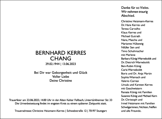Traueranzeige von Bernhard Kerres  Chang von Stuttgarter Zeitung / Stuttgarter Nachrichten
