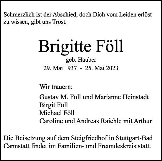 Traueranzeige von Brigitte Föll von Stuttgarter Zeitung / Stuttgarter Nachrichten