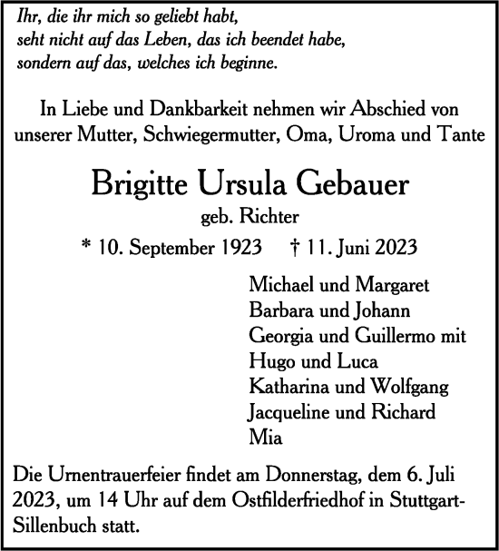 Traueranzeige von Brigitte Ursula Gebauer von Stuttgarter Zeitung / Stuttgarter Nachrichten