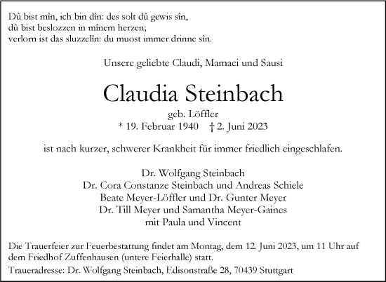 Traueranzeige von Claudia Steinbach von Stuttgarter Zeitung / Stuttgarter Nachrichten