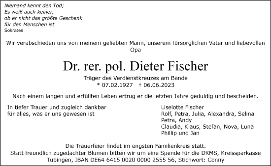 Traueranzeige von Dieter Fischer von Stuttgarter Zeitung / Stuttgarter Nachrichten