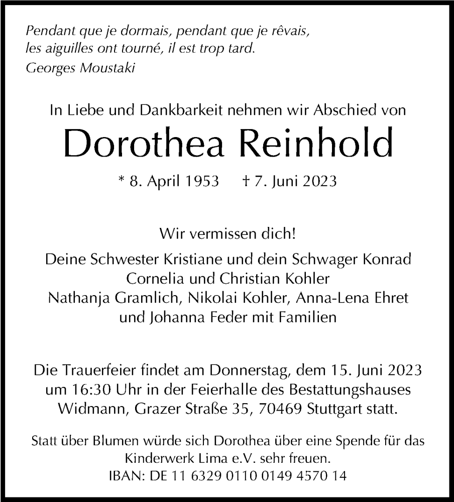  Traueranzeige für Dorothea Reinhold vom 13.06.2023 aus Stuttgarter Zeitung / Stuttgarter Nachrichten