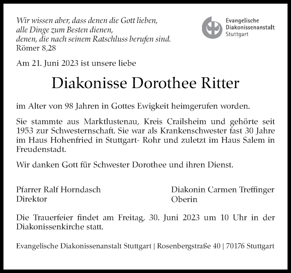  Traueranzeige für Dorothee Ritter vom 27.06.2023 aus Stuttgarter Zeitung / Stuttgarter Nachrichten