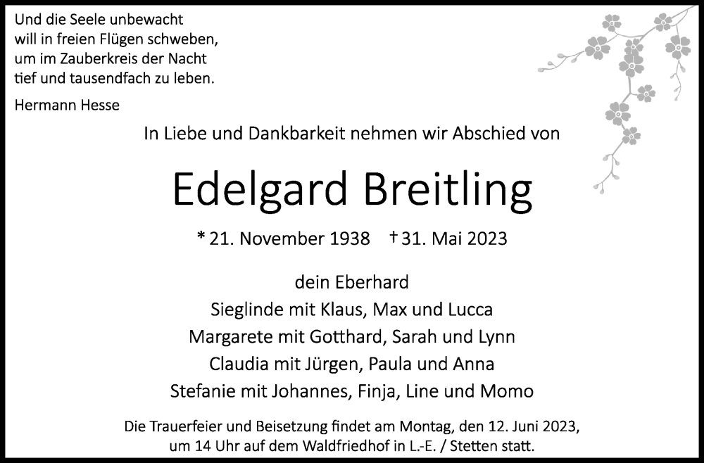  Traueranzeige für Edelgard Breitling vom 07.06.2023 aus Stuttgarter Zeitung / Stuttgarter Nachrichten