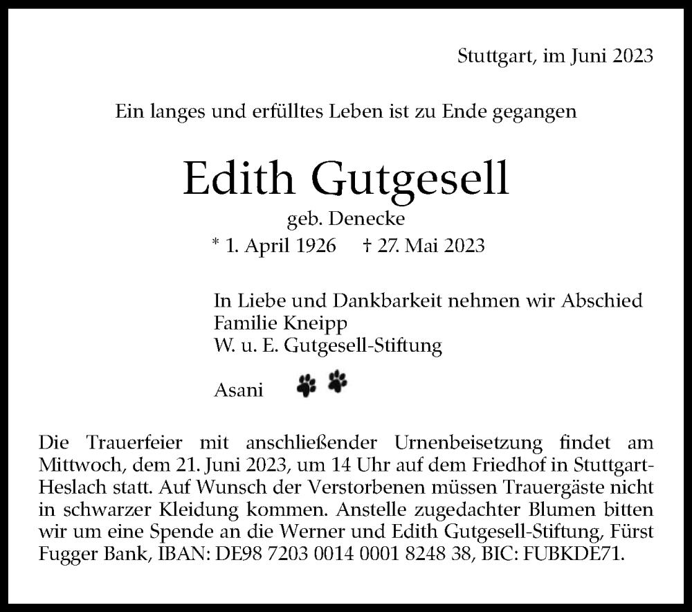  Traueranzeige für Edith Gutgesell vom 10.06.2023 aus Stuttgarter Zeitung / Stuttgarter Nachrichten