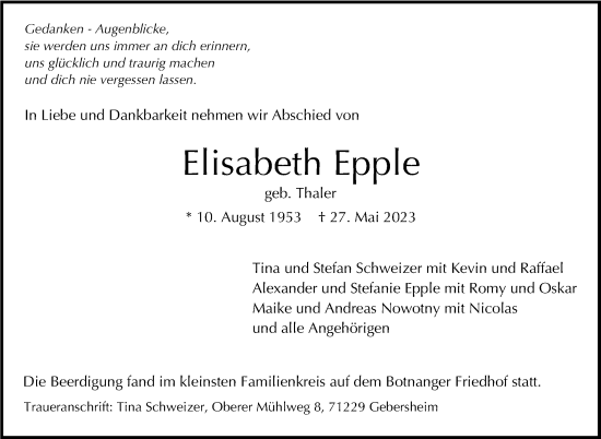 Traueranzeige von Elisabeth Epple von Stuttgarter Zeitung / Stuttgarter Nachrichten