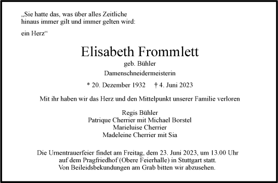 Traueranzeige von Elisabeth Frommlett von Stuttgarter Zeitung / Stuttgarter Nachrichten