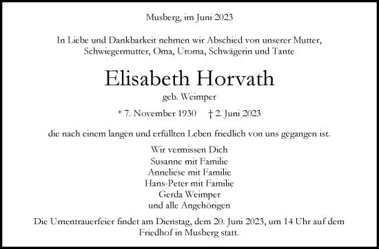 Traueranzeige von Elisabeth Horvath von Stuttgarter Zeitung / Stuttgarter Nachrichten