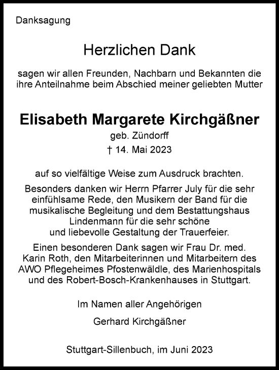 Traueranzeige von Elisabeth Margarete Kirchgäßner von Stuttgarter Zeitung / Stuttgarter Nachrichten