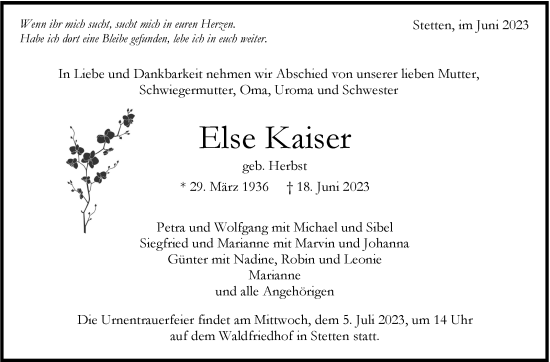 Traueranzeige von Else Kaiser von Stuttgarter Zeitung / Stuttgarter Nachrichten