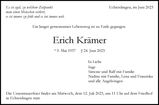 Traueranzeige von Erich Krämer von Stuttgarter Zeitung / Stuttgarter Nachrichten