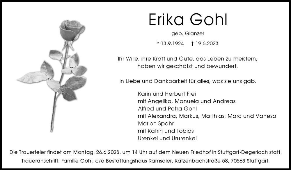  Traueranzeige für Erika Gohl vom 22.06.2023 aus Stuttgarter Zeitung / Stuttgarter Nachrichten